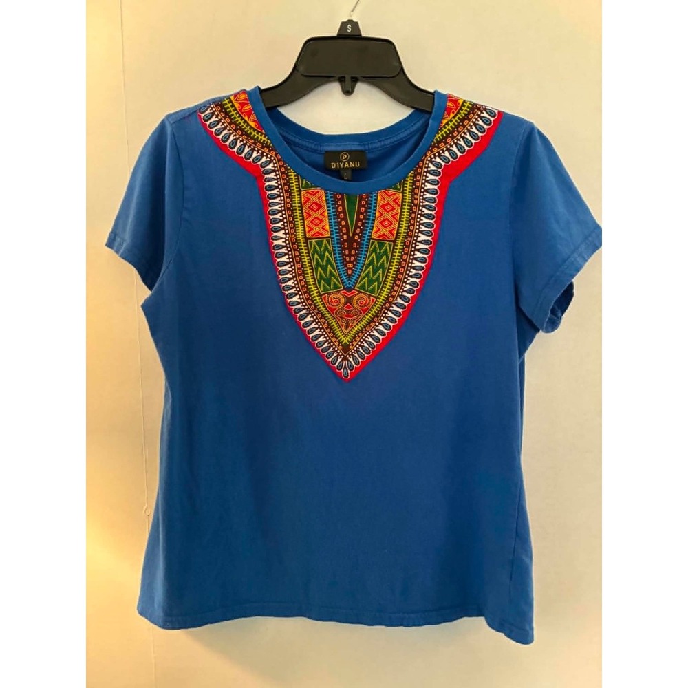 DIYANU Womens‎ Large Blue Dashiki Print Top African Tribal Boho Festival Tee